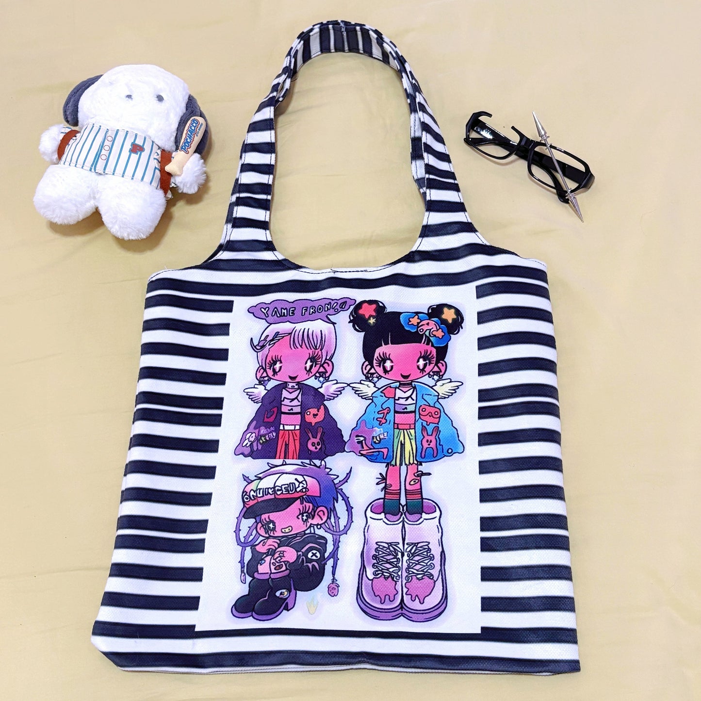 Striped Kawaii Print Canvas Tote Bag - Wolvess