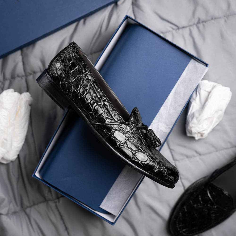 11-582-BLK FRANCO Crocodile Tassel Loafer, Black Zelli Italia