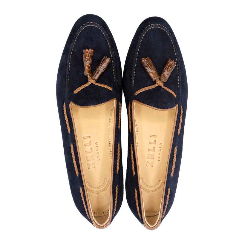 16-584-NVY NAPLES Italian Kid Suede with Embossed Crocodile Tassel Loafer, Navy Zelli Italia
