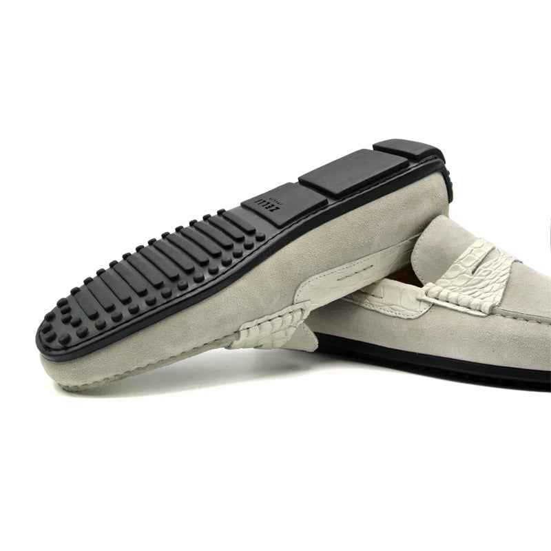 31-160-WHT MONZA Sueded Calfskin with Crocodile Driver, White Zelli Italia