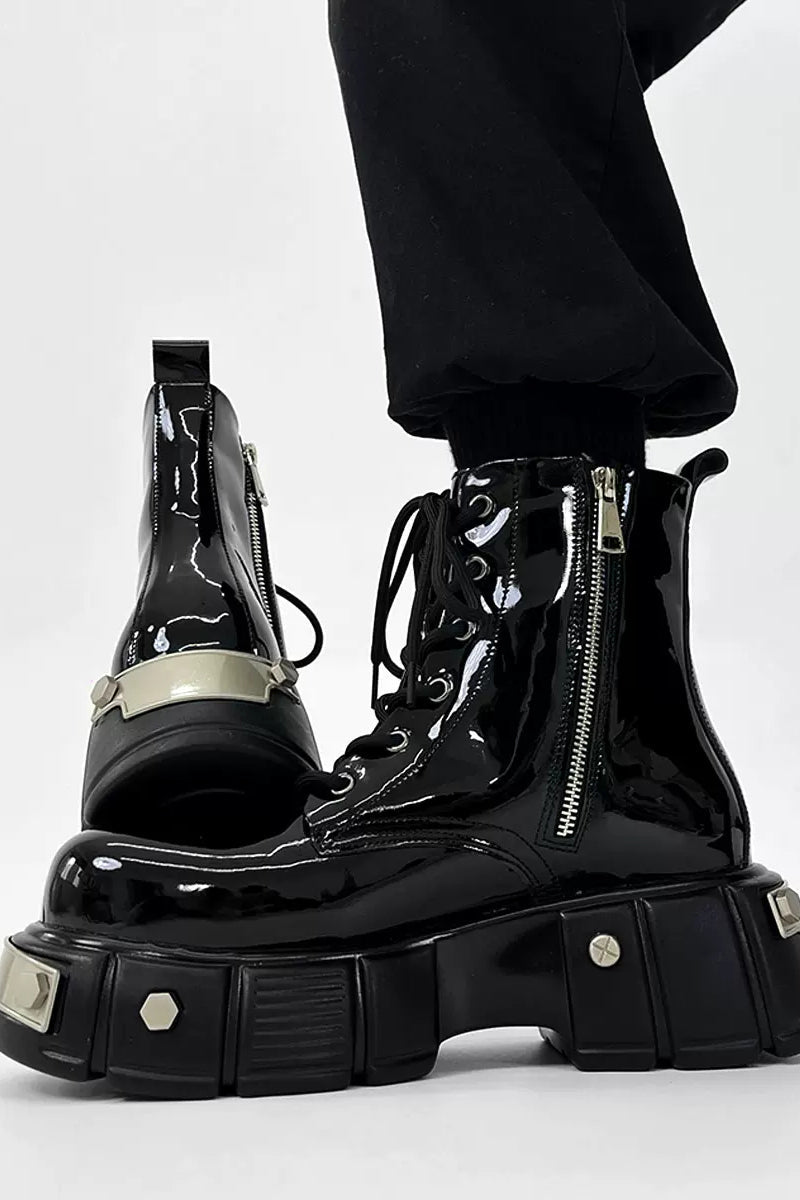 Patent Leather Platform Combat Boots - Wolvess