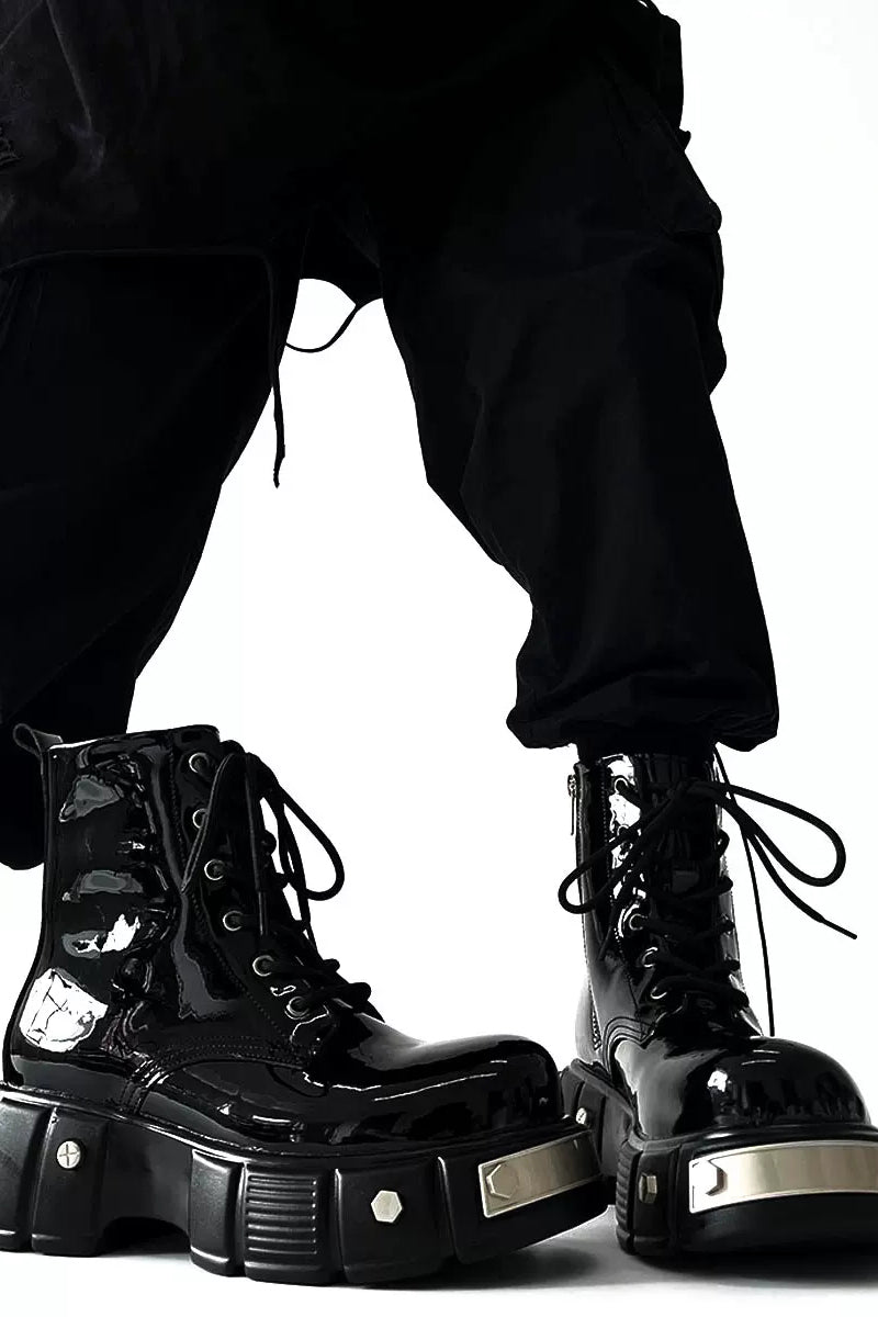 Patent Leather Platform Combat Boots - Wolvess