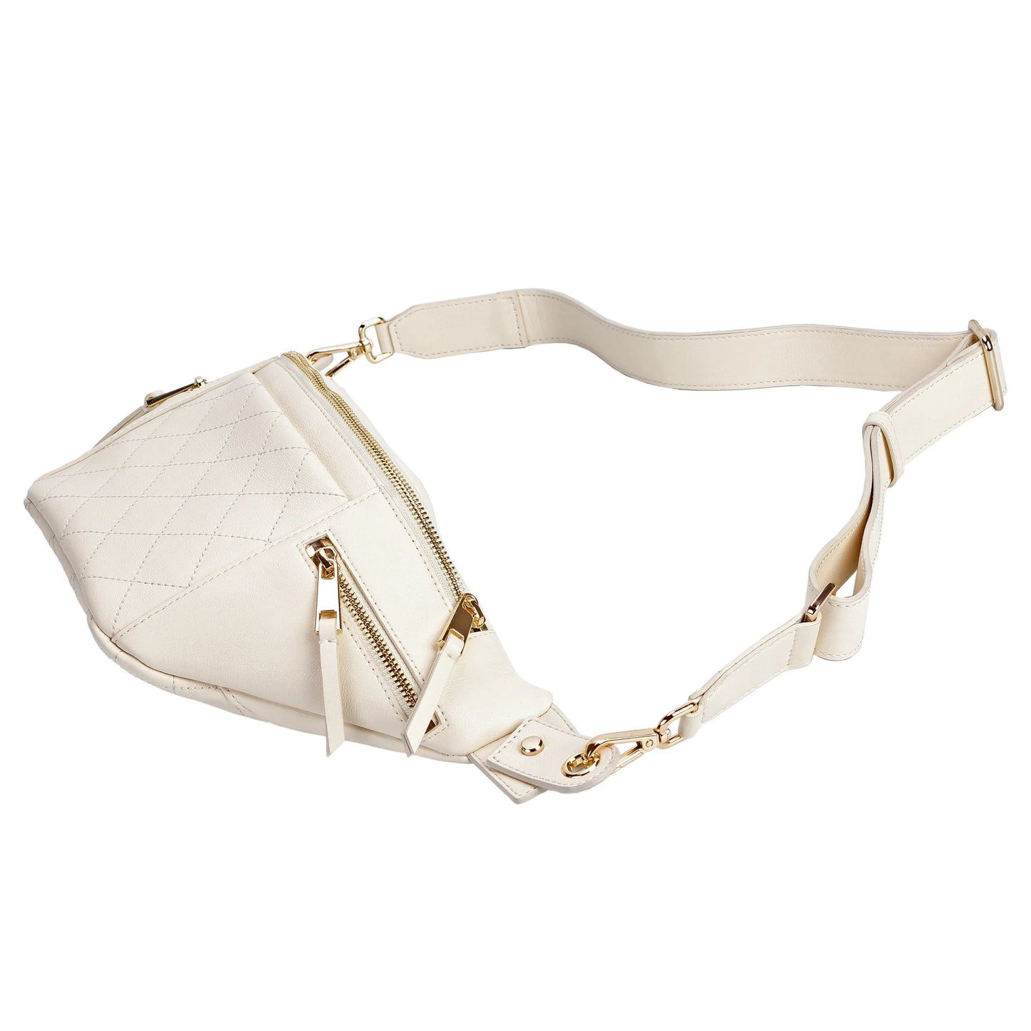 White Quilted Leather Belt Bag with Dual Top Zippers MiamiLeathers.com