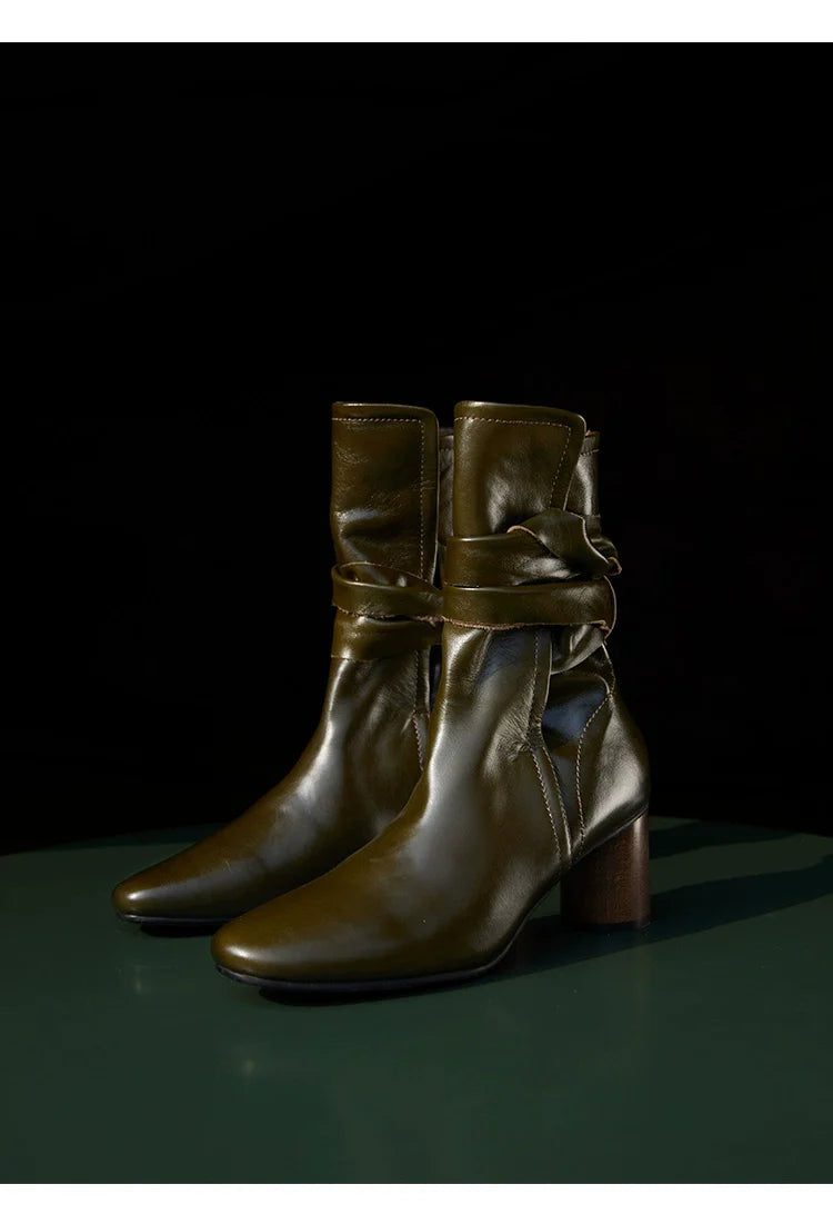 Leather Ankle Boots with Block Heel - Wolvess