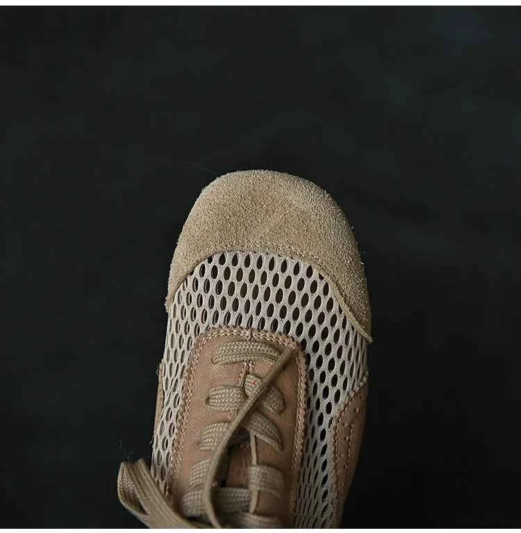 Beige Mesh Suede Lace-Up Sneakers