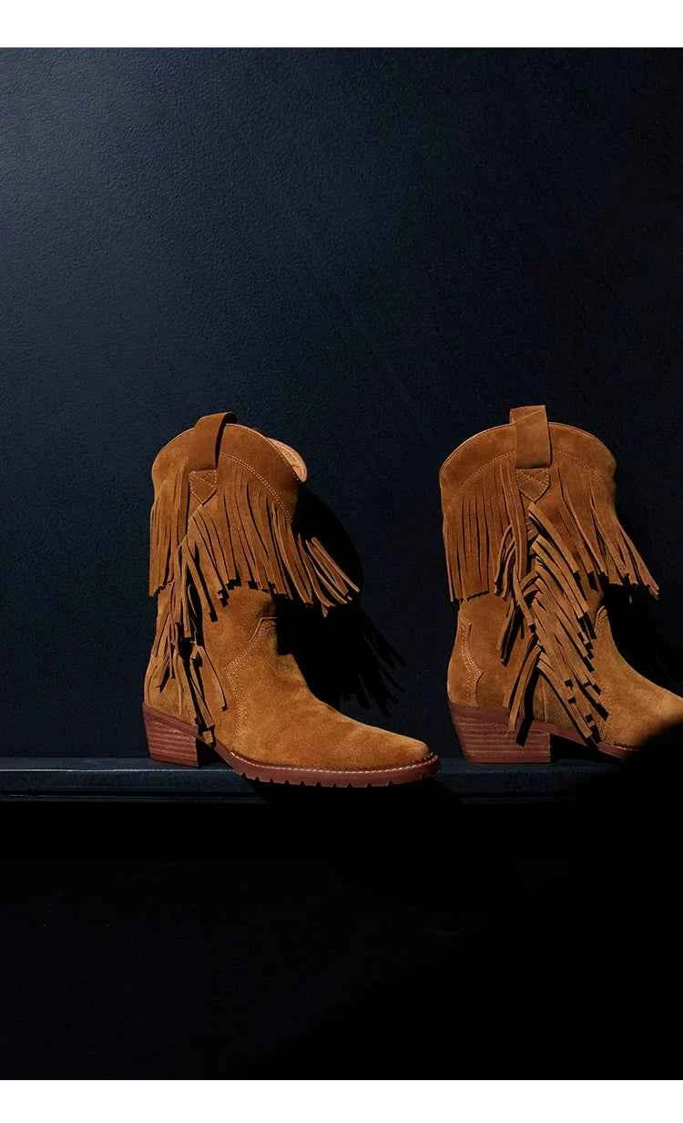 Cowboy Boot with Fringe Detailing and a Brown Stacked Heel