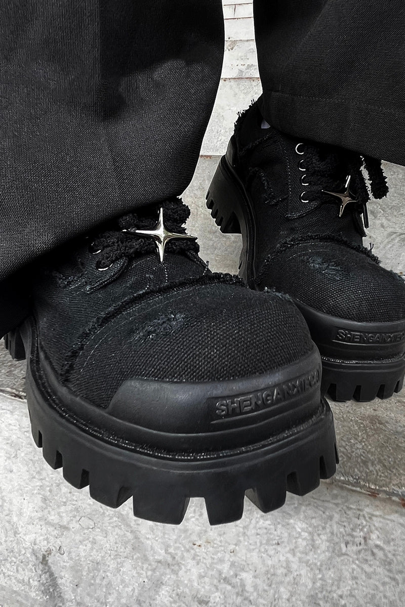 Black Distressed Canvas Platform Sneakers - Wolvess