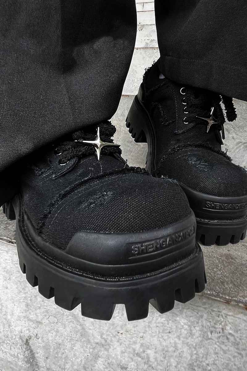 Black Distressed Canvas Platform Sneakers