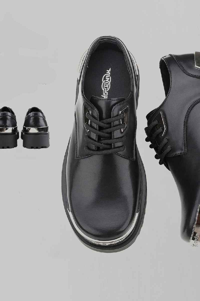 Black Platform Derby Shoes with Silver Metal Toe Cap