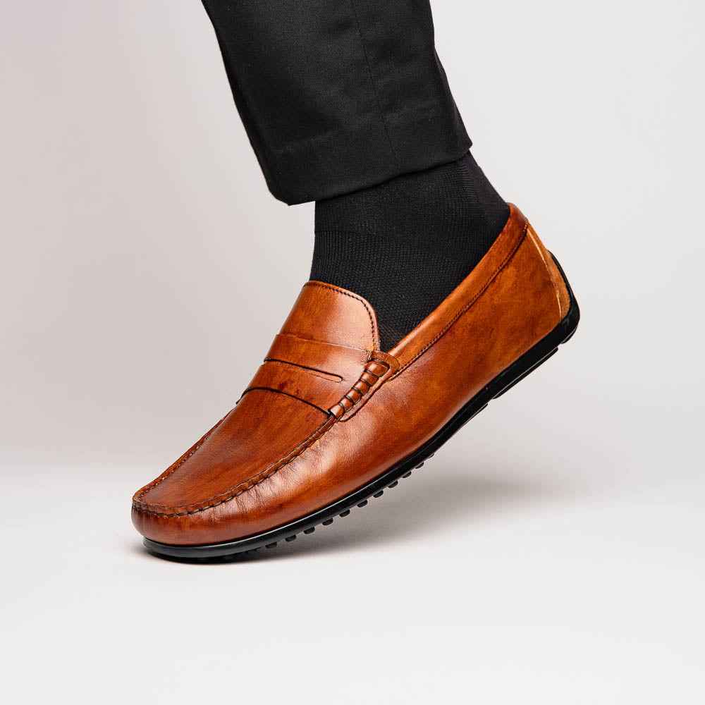 35-115-CGN MONZA Hand Burnished Italian Calfskin Driving Loafers Cognac Zelli Italia