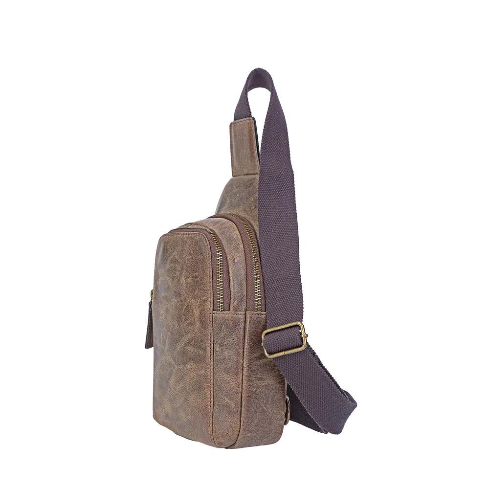 Crazy Horse Leather Sling Bag Small Version – Brown Full-Grain Crossbody for Men MiamiLeathers.com