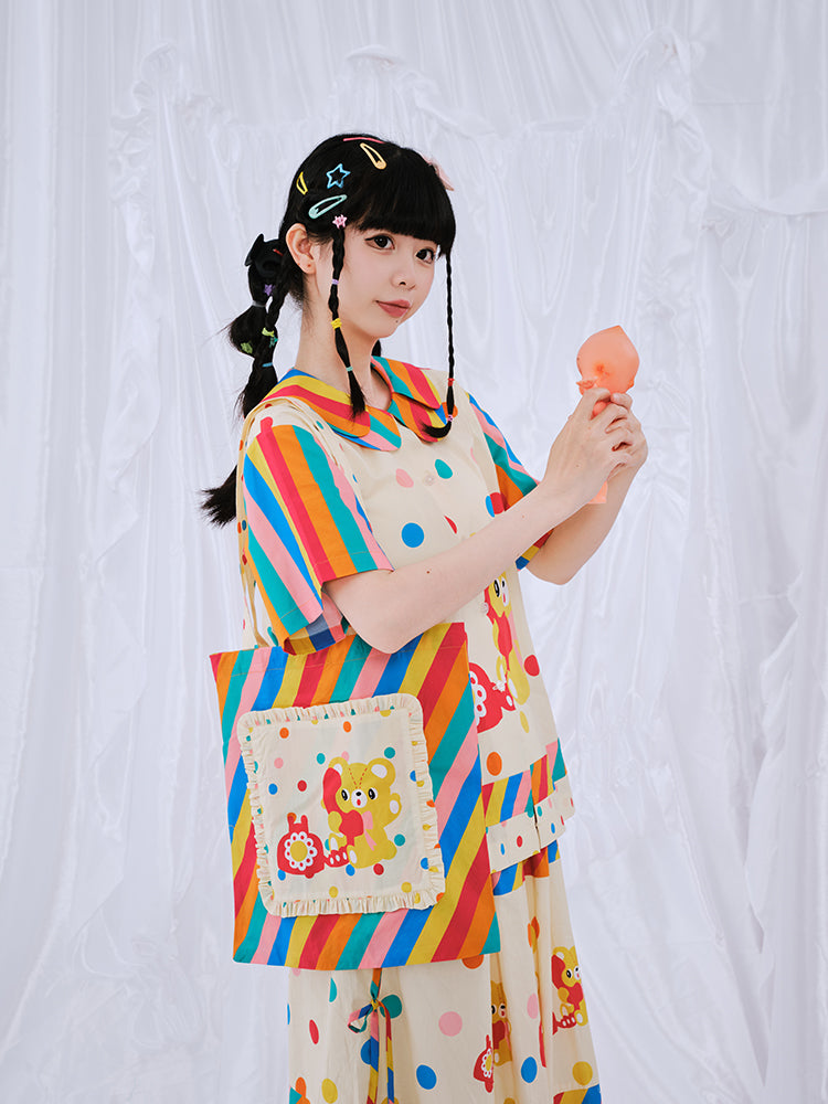 Rainbow Striped Bear Canvas Tote Bag - Wolvess