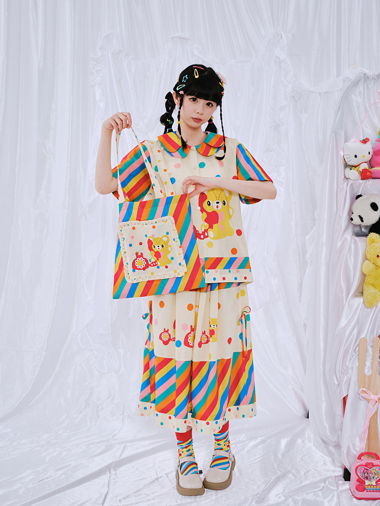 Rainbow Striped Bear Canvas Tote Bag - Wolvess