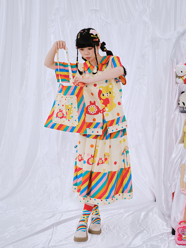 Rainbow Striped Bear Canvas Tote Bag - Wolvess