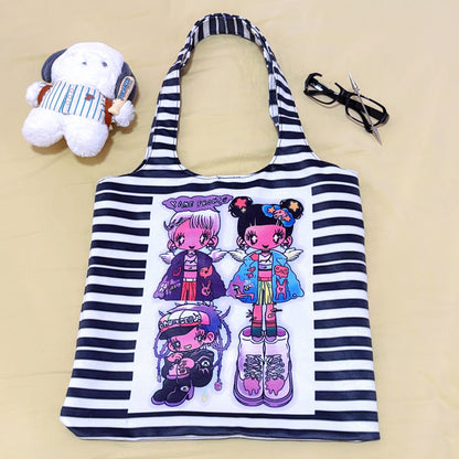 Striped Kawaii Print Canvas Tote Bag - Wolvess