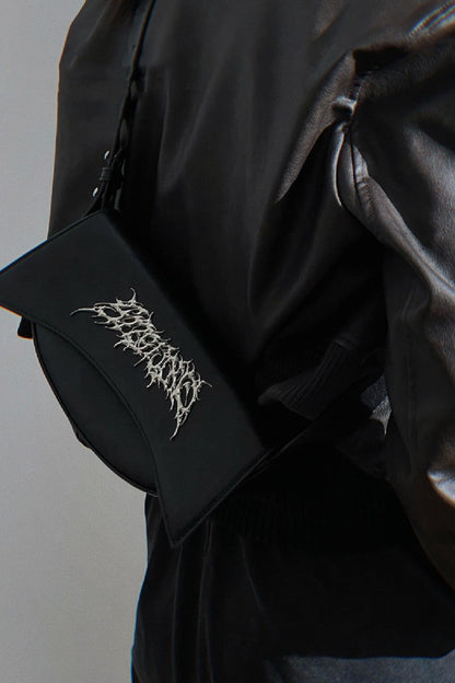 Black PU Leather Metal Logo Shoulder Bag - Wolvess