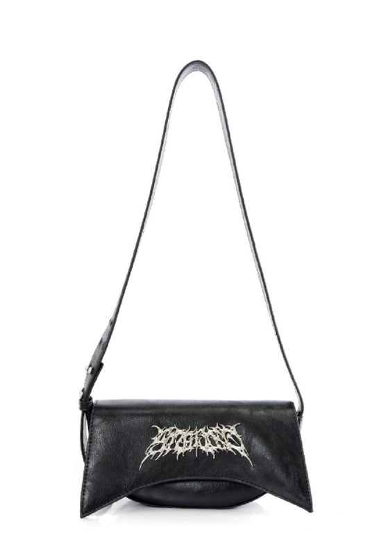 Black PU Leather Metal Logo Shoulder Bag - Wolvess