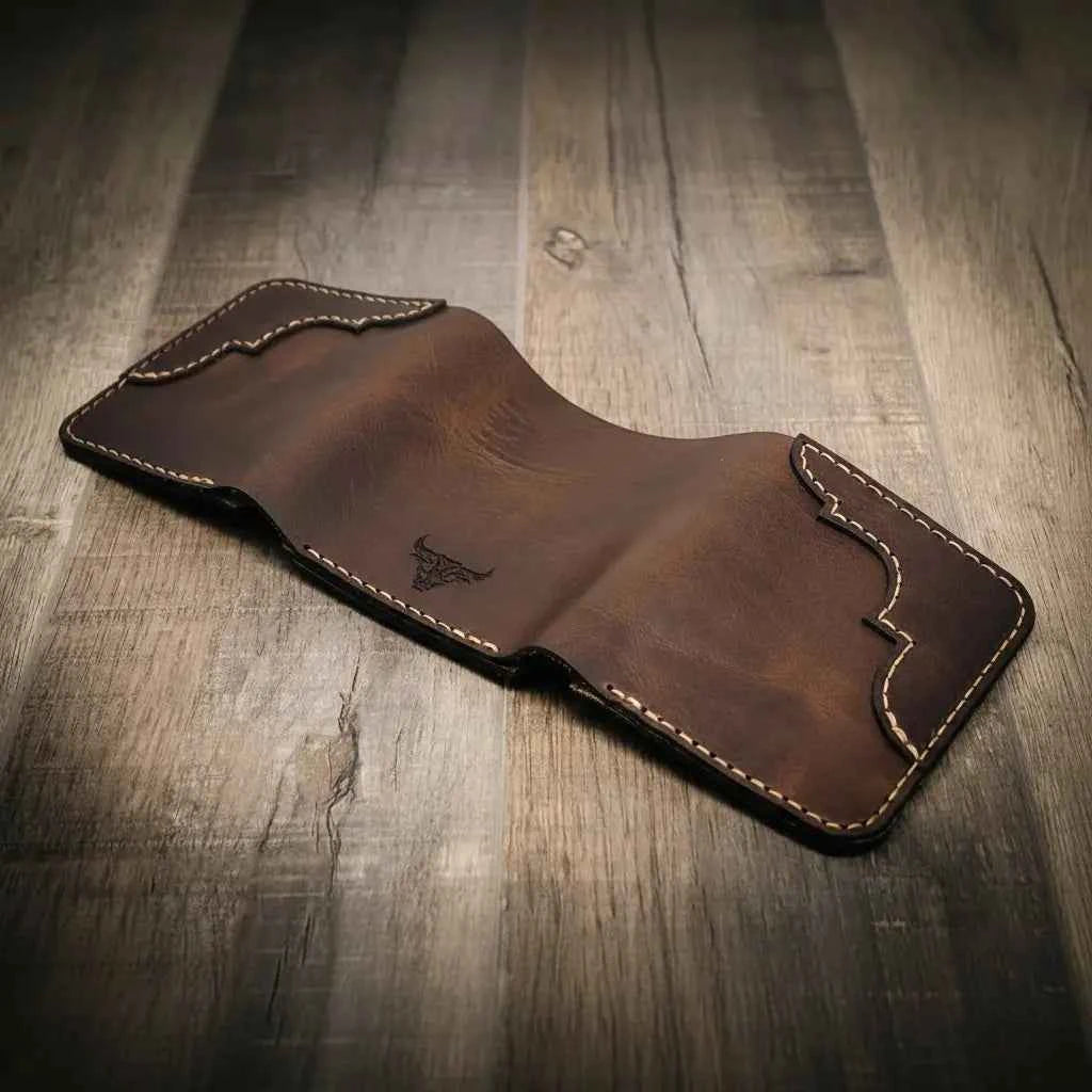 Western Trifold Wallet - Walnut Brown Bull Sheath Leather