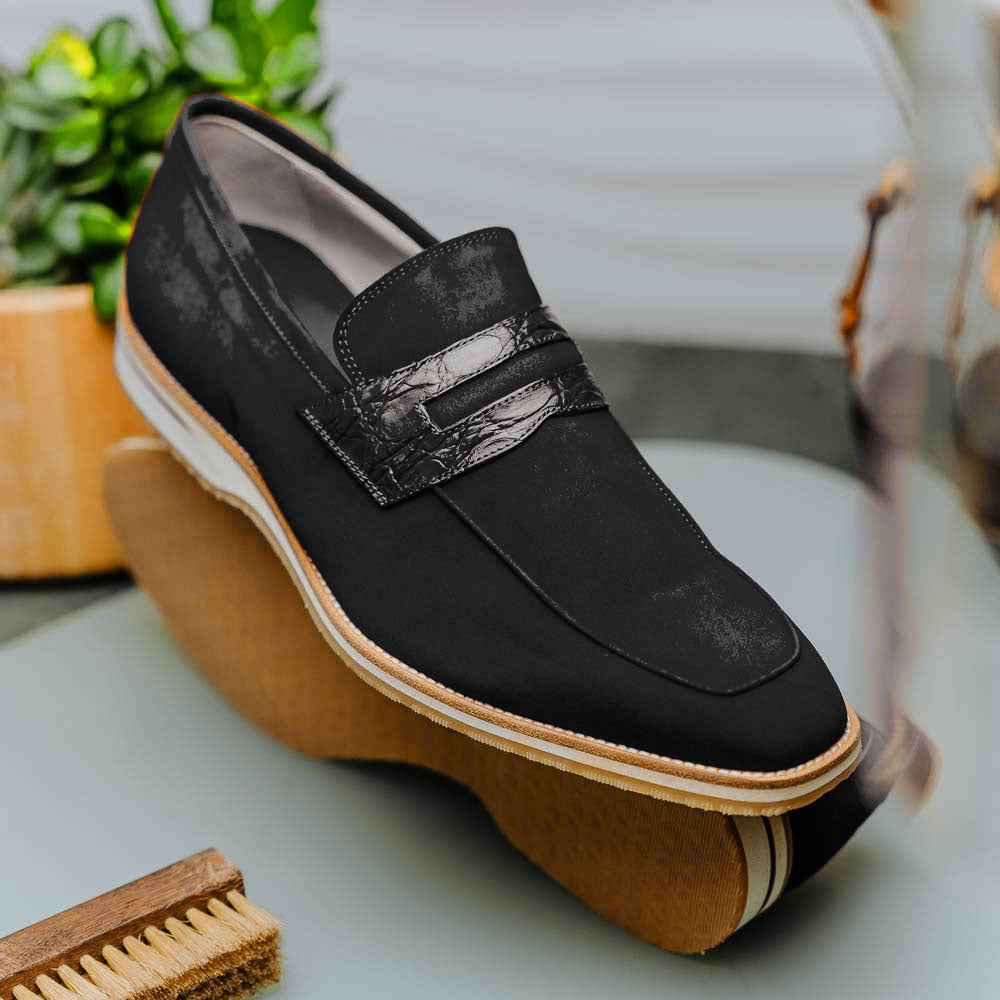 11-020-BLK MEO 3 Sueded Goatskin Penny Loafer, Black Zelli Italia