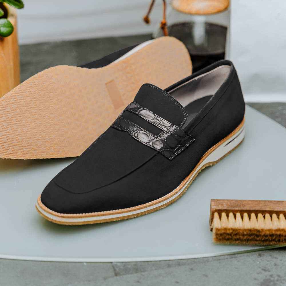 11-020-BLK MEO 3 Sueded Goatskin Penny Loafer, Black Zelli Italia