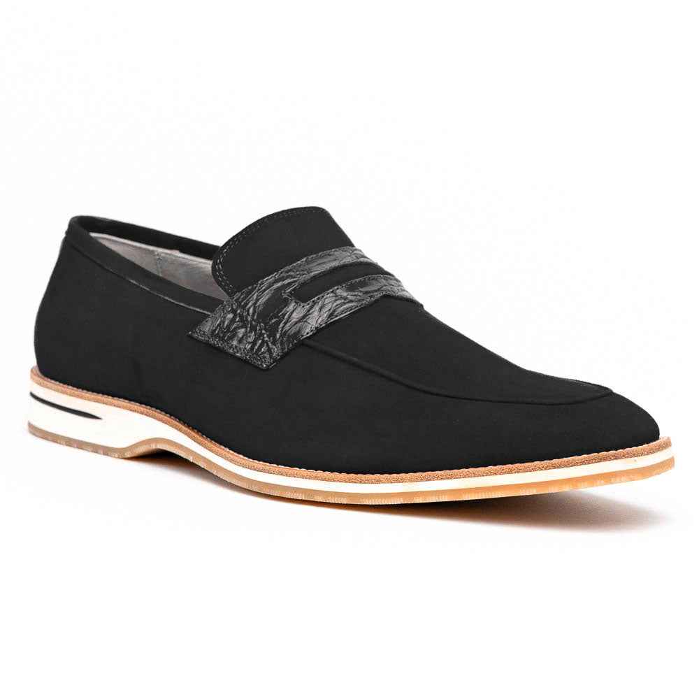 11-020-BLK MEO 3 Sueded Goatskin Penny Loafer, Black Zelli Italia