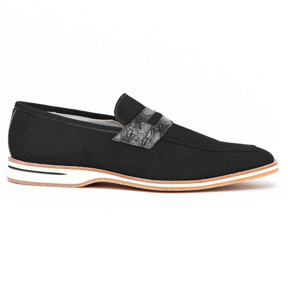 11-020-BLK MEO 3 Sueded Goatskin Penny Loafer, Black Zelli Italia