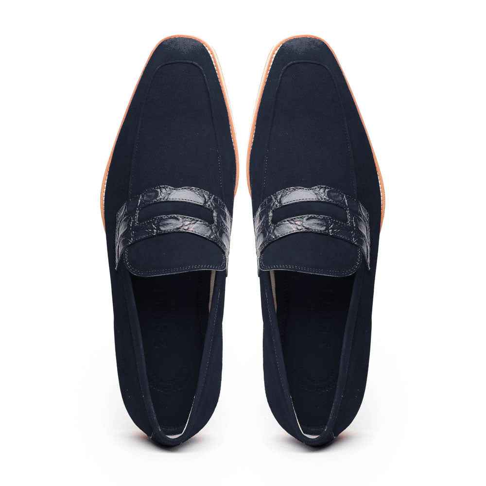11-020-NVY MEO 3 Sueded Goatskin Penny Loafer, Navy