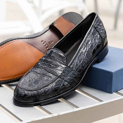 11-119-BKM (BLK) TUSCANY Crocodile Penny Loafer, Black Zelli Italia