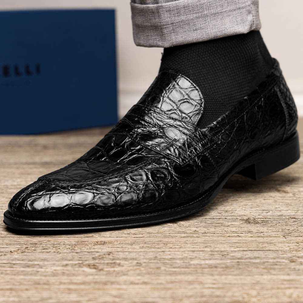 11-201-BKM ROMA Crocodile Penny Loafer, Black Zelli Italia