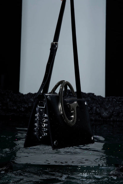 Avant-Garde Metal Handle Shoulder Bag - Sleek Black Designer Tote - Wolvess