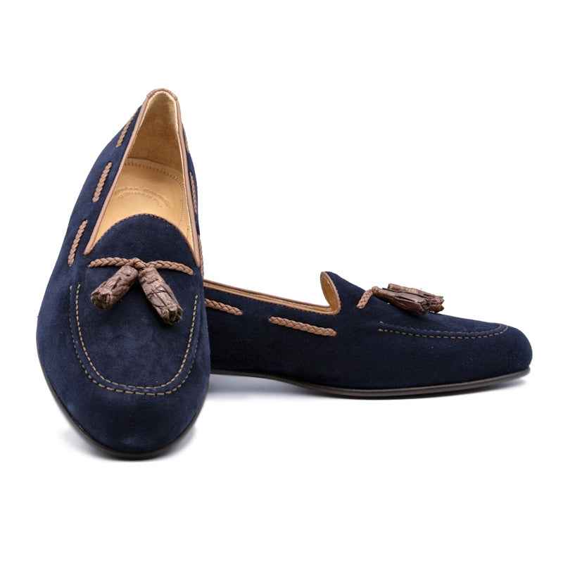 16-584-NVY NAPLES Italian Kid Suede with Embossed Crocodile Tassel Loafer, Navy Zelli Italia
