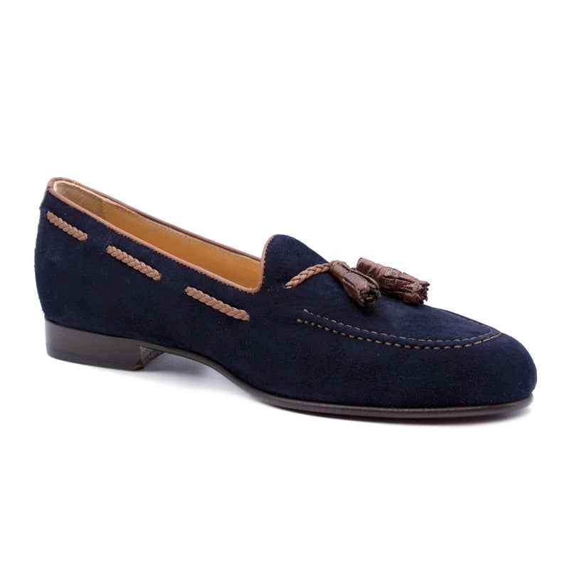 16-584-NVY NAPLES Italian Kid Suede with Embossed Crocodile Tassel Loafer, Navy Zelli Italia