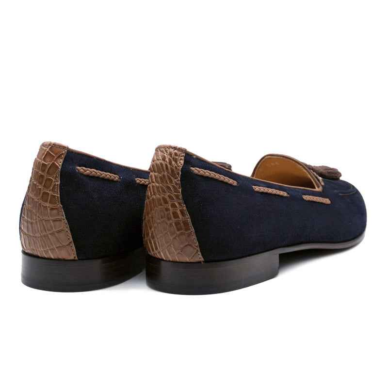 16-584-NVY NAPLES Italian Kid Suede with Embossed Crocodile Tassel Loafer, Navy Zelli Italia