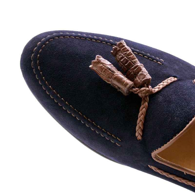 16-584-NVY NAPLES Italian Kid Suede with Embossed Crocodile Tassel Loafer, Navy Zelli Italia