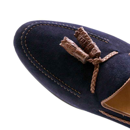 16-584-NVY NAPLES Italian Kid Suede with Embossed Crocodile Tassel Loafer, Navy Zelli Italia