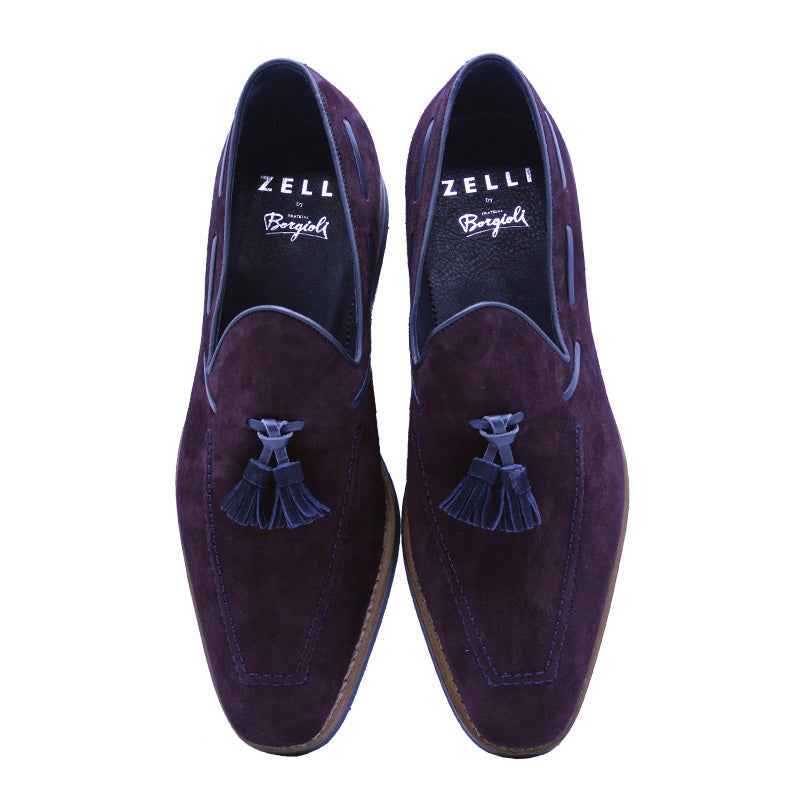 16-625-BDX CRAWFORD Sueded Goatskin & Crocodile Tassel Loafer, Bordeaux Zelli Italia