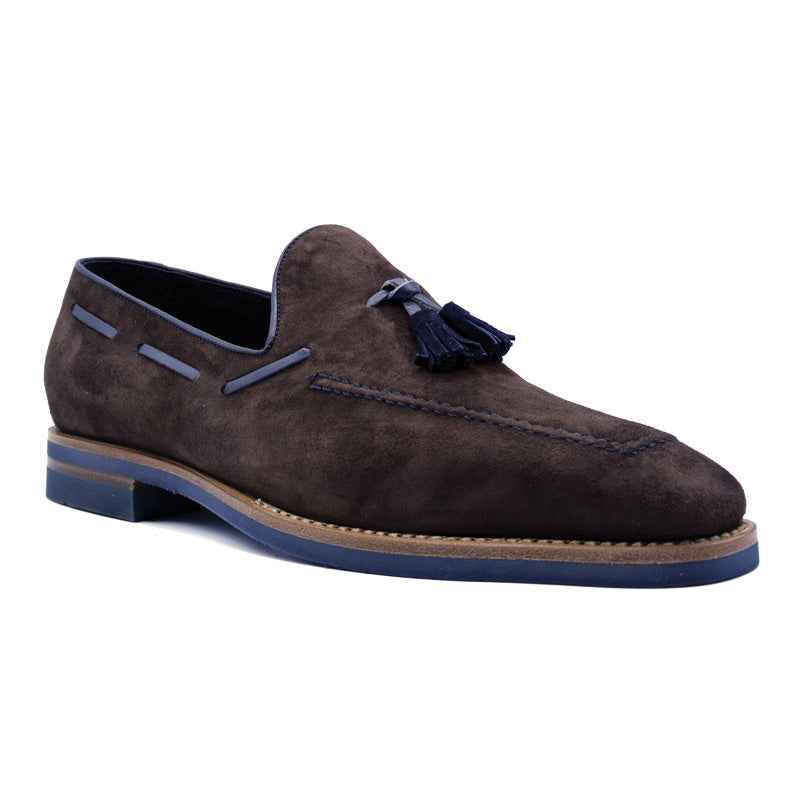 16-628-BRN CARMEN Sueded Goatskin & Crocodile Tassel Loafer, Brown Zelli Italia