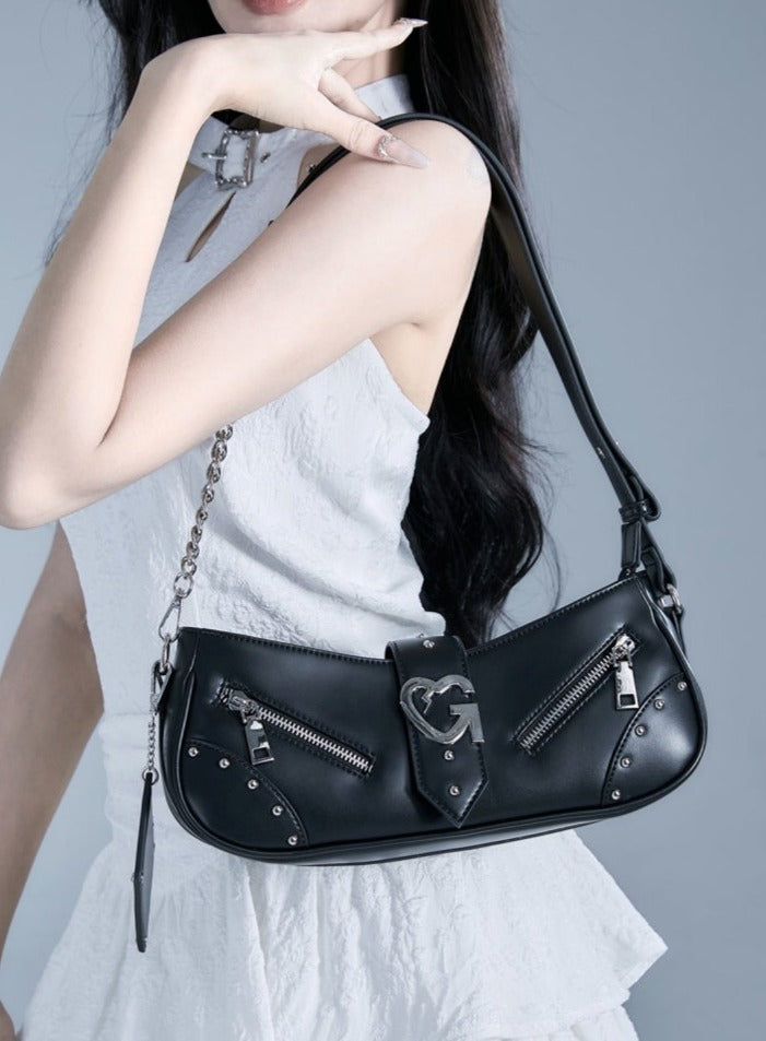 Edgy Baguette Shoulder Bag with Chain Strap - Wolvess