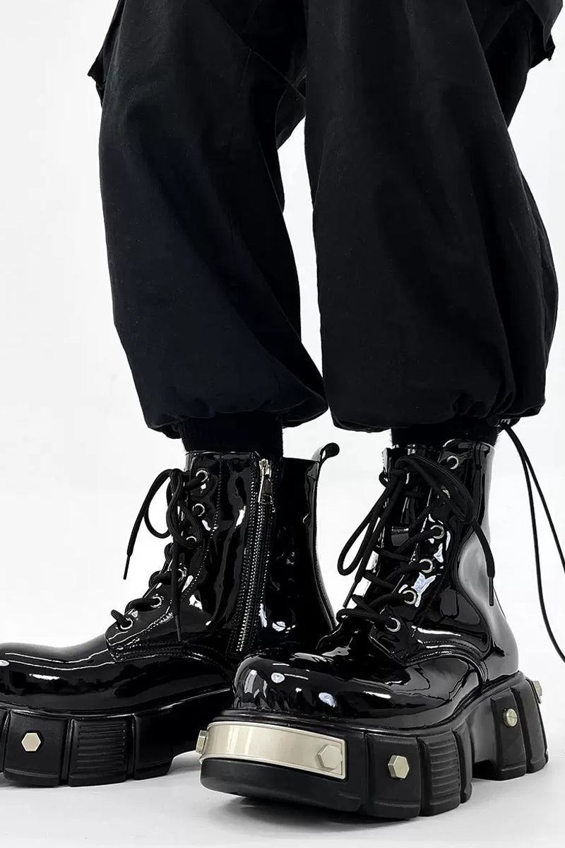 Patent Leather Platform Combat Boots - Wolvess