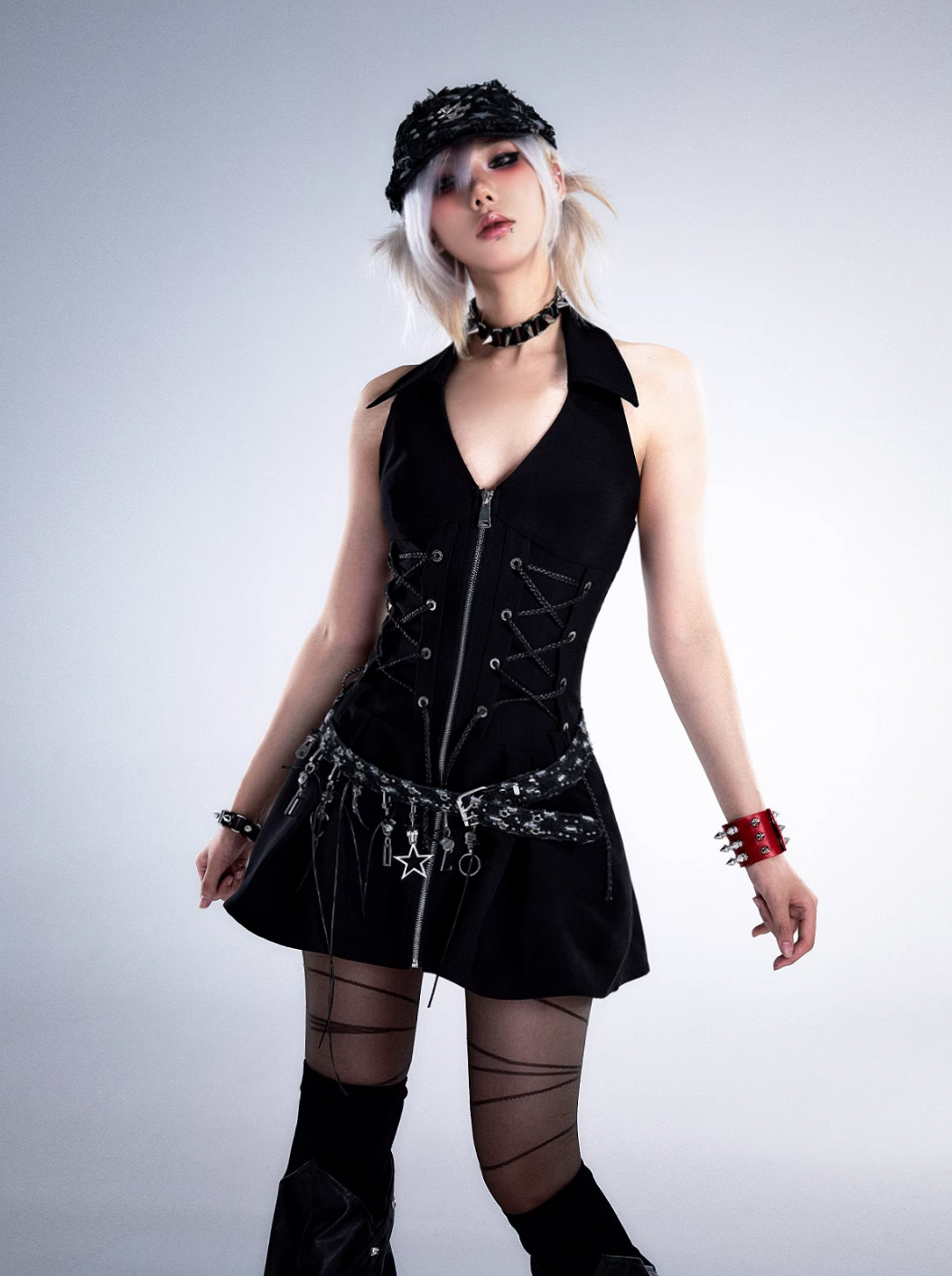 Frustration Garden Gothic Punk Charm Belt - Black Leather with Silver Charms and Studded Detail - Wolvess