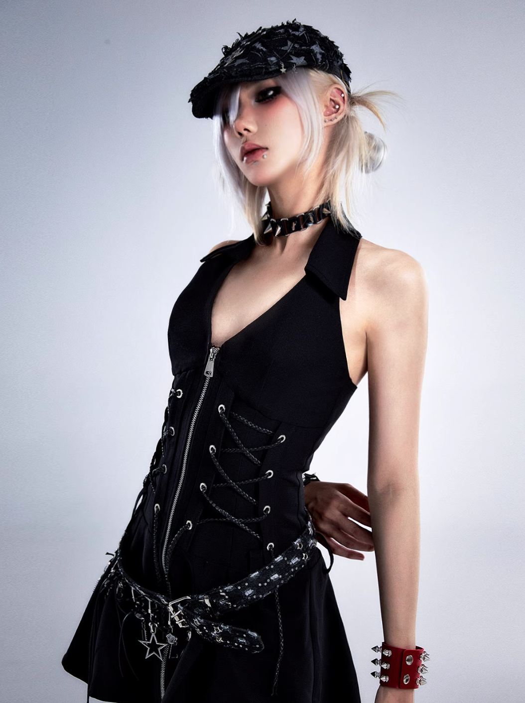 Frustration Garden Gothic Punk Charm Belt - Black Leather with Silver Charms and Studded Detail - Wolvess