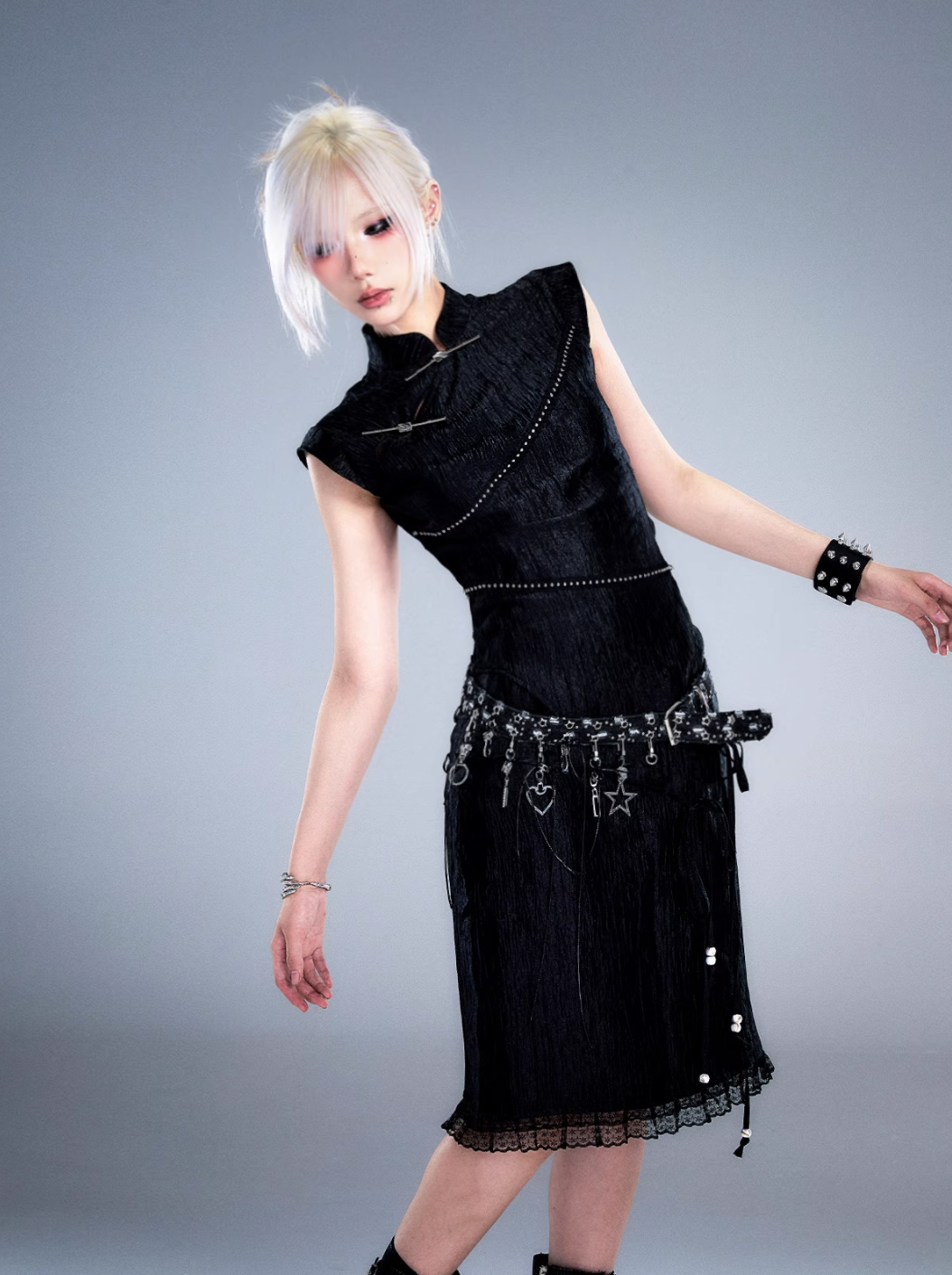 Frustration Garden Gothic Punk Charm Belt - Black Leather with Silver Charms and Studded Detail - Wolvess