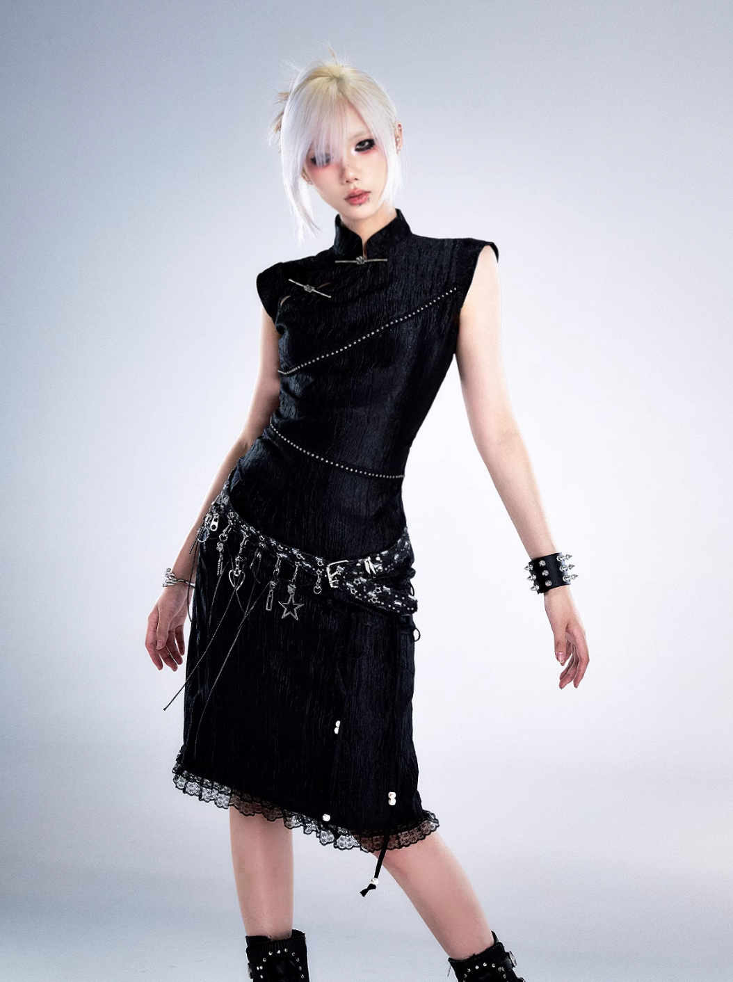 Frustration Garden Gothic Punk Charm Belt - Black Leather with Silver Charms and Studded Detail - Wolvess