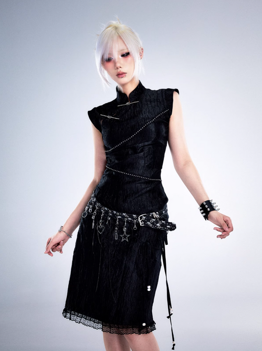 Frustration Garden Gothic Punk Charm Belt - Black Leather with Silver Charms and Studded Detail - Wolvess