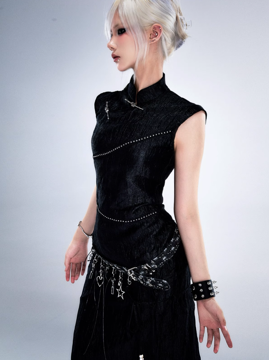 Frustration Garden Gothic Punk Charm Belt - Black Leather with Silver Charms and Studded Detail - Wolvess