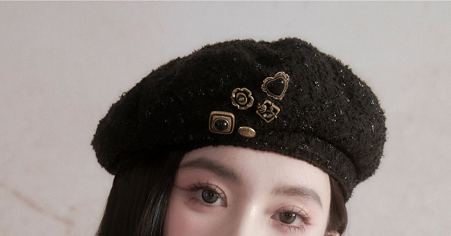 Black Wool Beret with Pin Accessories - Wolvess