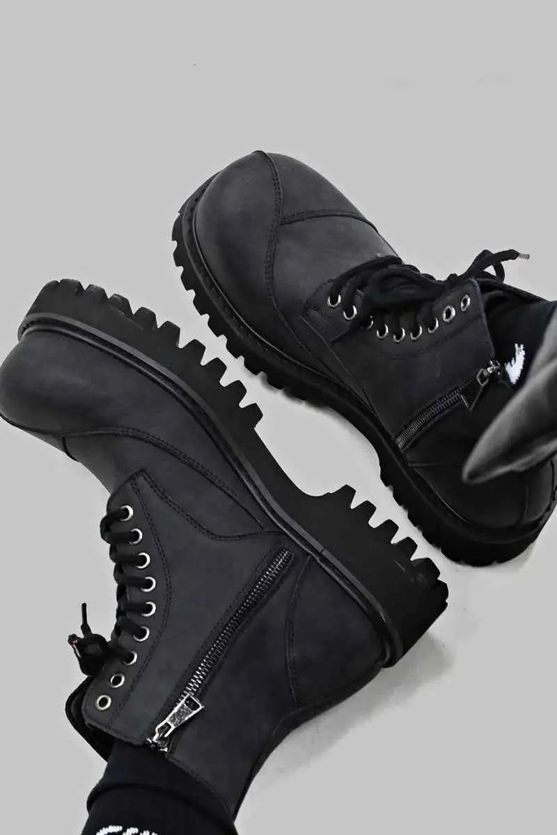 Black Suede Combat Boots with Lug Sole