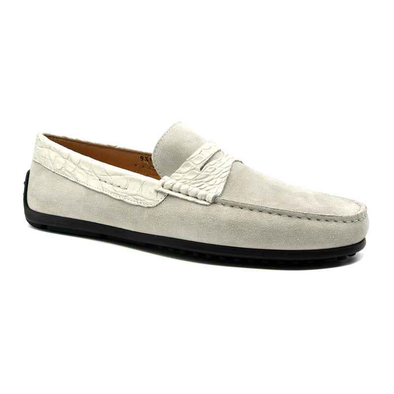 31-160-WHT MONZA Sueded Calfskin with Crocodile Driver, White Zelli Italia