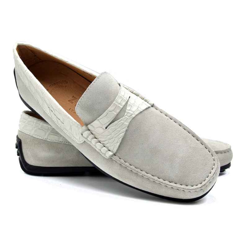 31-160-WHT MONZA Sueded Calfskin with Crocodile Driver, White Zelli Italia