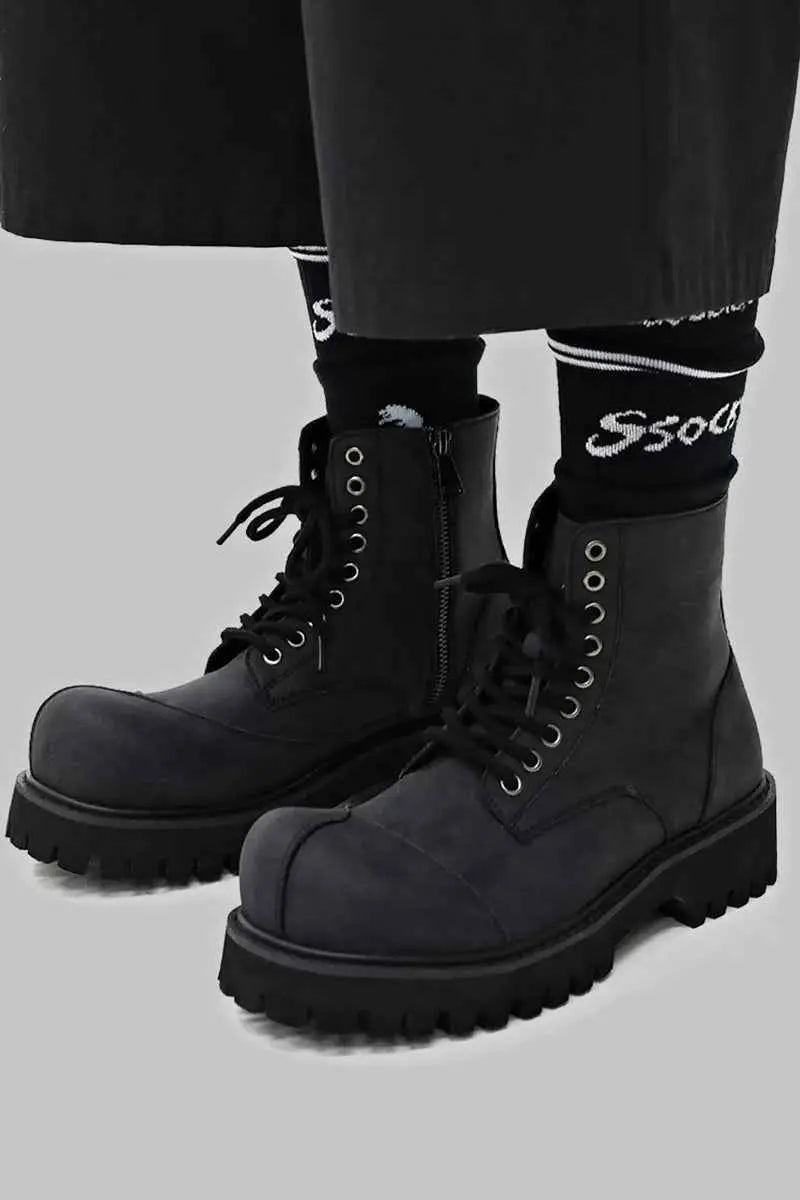 Black Suede Combat Boots with Lug Sole